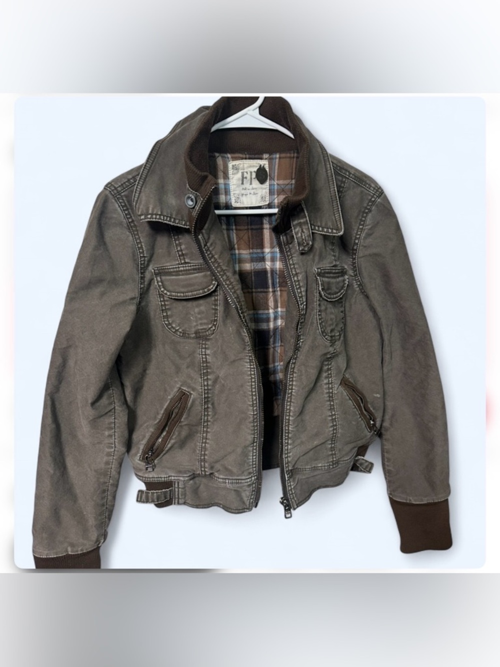 Free People Brown Jacket with Blue-Striped Plaid Lining